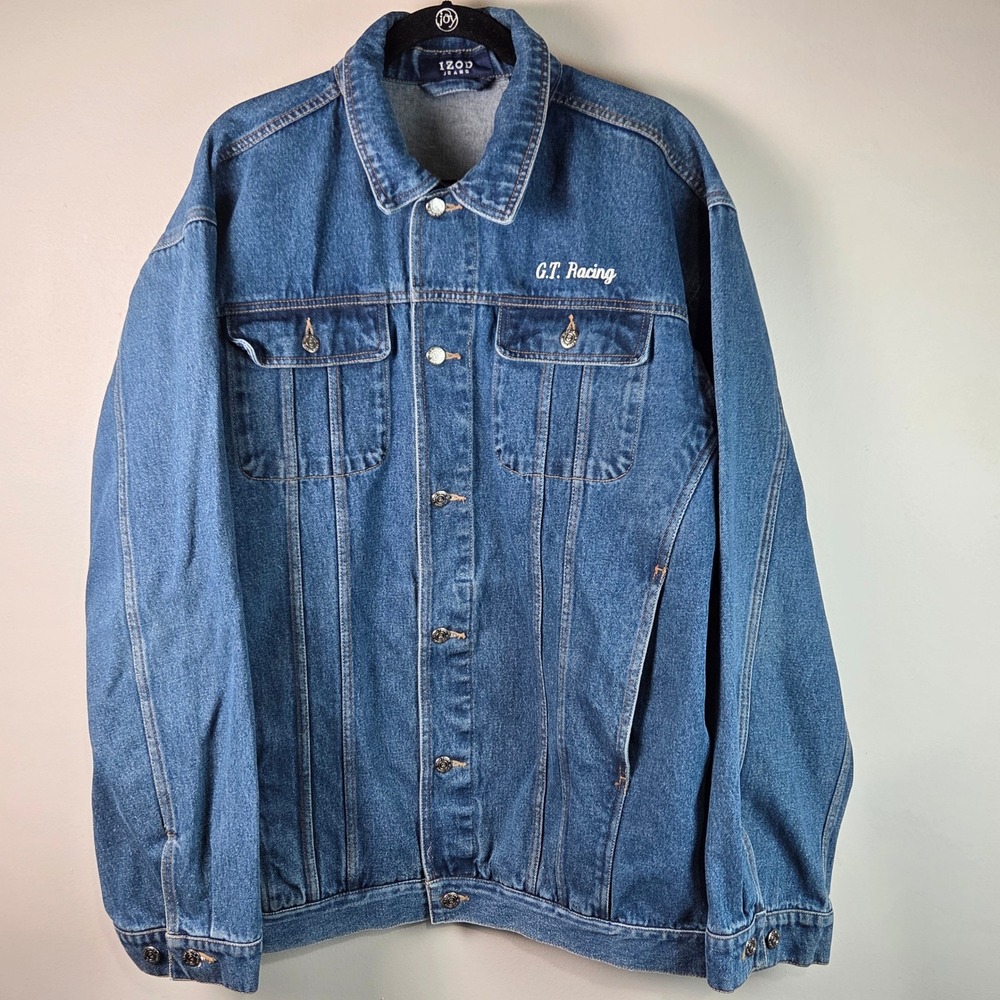 IZOD Denim Jacket Mens XLT Blue Vintage "G.T. Racing" Trucker Jean Coat Z 500449